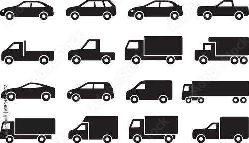 Black and white transport car truck van icons