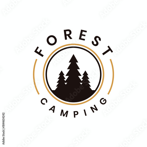 Vintage forest camping logo design with pine trees