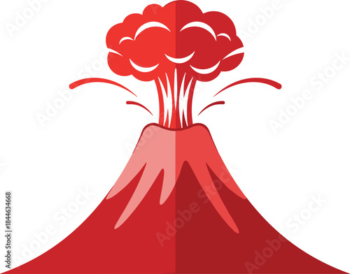 Dramatic volcanic eruption vector graphic, powerful fiery mountain showing smoke and magma flow, hot natural disaster icon, stylized danger symbol, red warning sign,