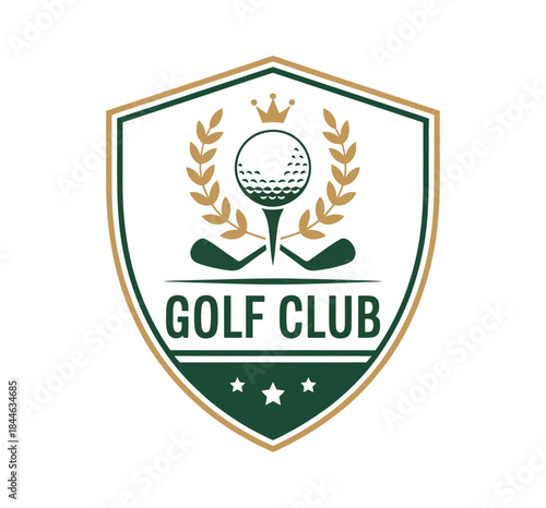 Golf Club Logo classic sporting crest with shield golf ball and crossed clubs ideal for country clubs professional tournaments academy branding and high quality vector illustration