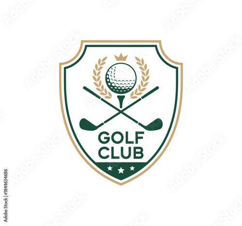 Golf Club Logo classic sporting crest with shield golf ball and crossed clubs ideal for country clubs professional tournaments academy branding and high quality vector illustration