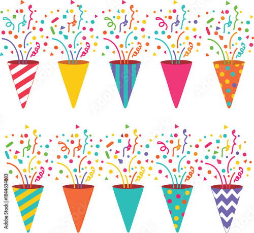 party popper icon set with colorful confetti and streamers bursting from festive designs in grid layout