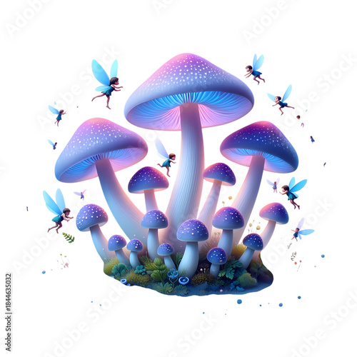 Glowing Fantasy Mushrooms & Fairies on transparent background