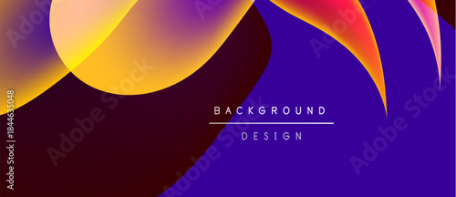 Abstract gradients blend, creating dynamic shapes. Purple, orange, red hues dominate design. Text reads background design. Modern aesthetic.