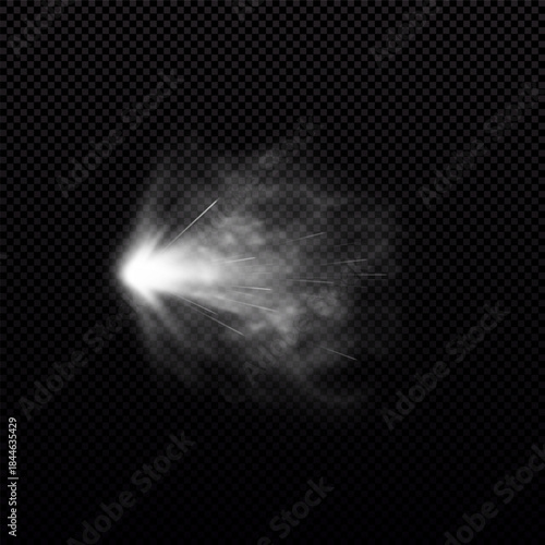 Gun shot with white fire and smoke effect, weapon firing blast trail, vector realistic flying bullet gun explosion flash