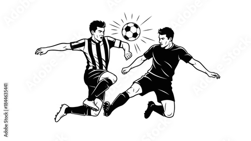 Two Male Soccer Players Heading the Ball in a Dynamic Match, intense football action on isolated white background.