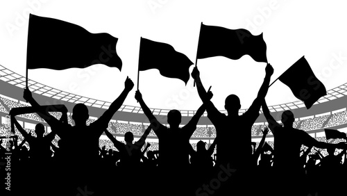 Silhouette of an Excited Crowd of Football Fans Waving Flags in a Stadium, celebrating victory.