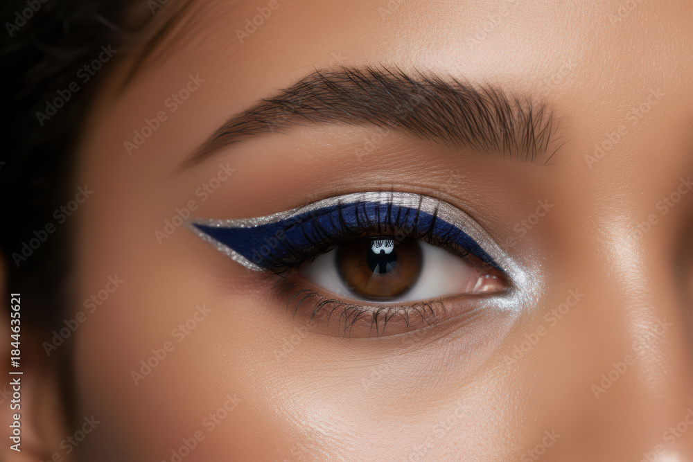 Obraz premium Close up of a womans eye with dramatic blue and silver eyeliner