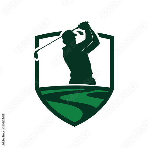 Golfer Swinging Club Shield Logo dynamic vector emblem