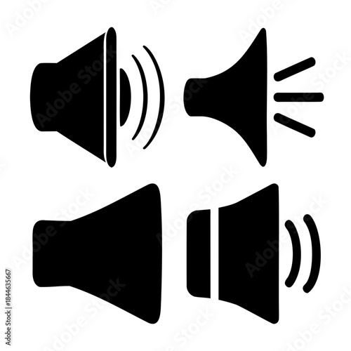 Black speaker icons set: sound on, off, mute, volume symbols