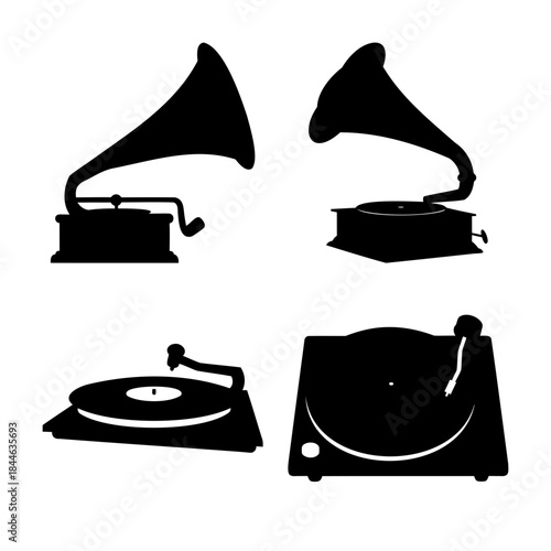 Gramophone and turntable music player silhouette icon set