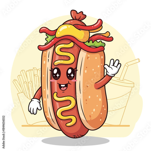 Cute cartoon hot dog character waving hello with fries and drink background