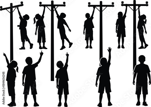 Dangerous Childhood Play Vector Silhouette: Kids Climbing Power Utility Poles, Black Graphic Illustration Symbolizing Electricity Hazard, Safety Warning for Children, 