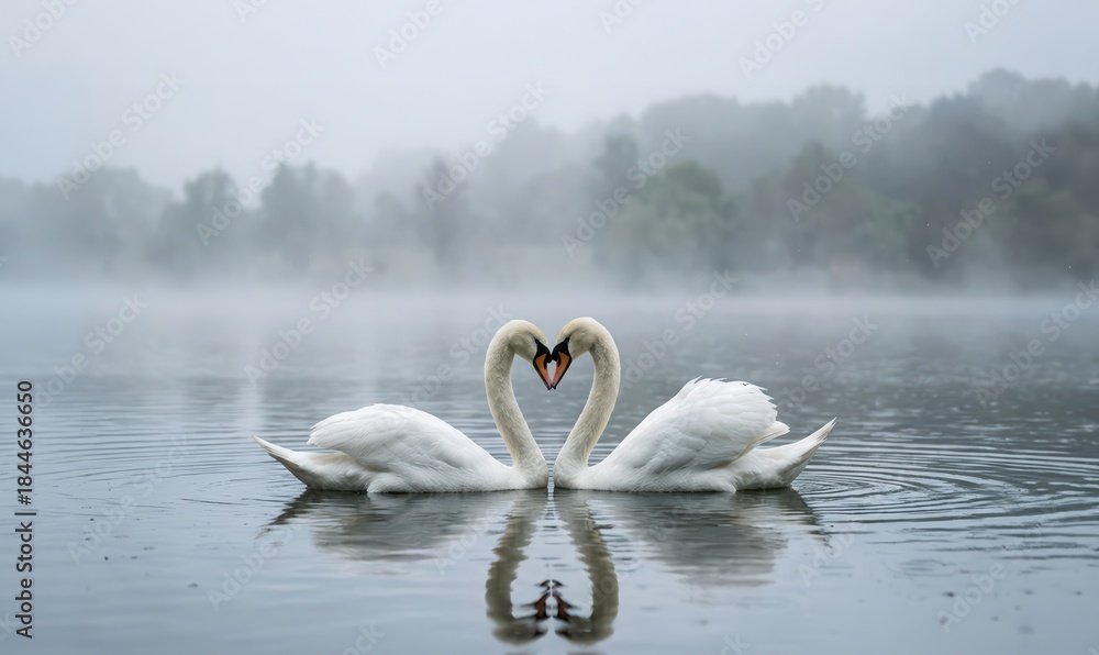 Fototapeta premium Two White Swans Forming a Heart Shape on Misty Lake. Romantic Wildlife Scene in Foggy Morning. Perfect for Valentine’s Day and Love Concepts