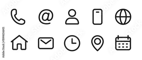 Contact simple line icon set. Home, phone, user, email, calendar, time, globe, location symbols