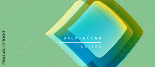 Abstract geometric design. Overlapping squares create vibrant color gradients. Light turquoise, yellow, green hues dominate composition. Minimalist style.