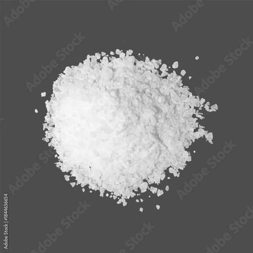 Realistic salt or sugar crystal powder pile top view on grey, 3d vector white natural mineral grains, cooking ingredient