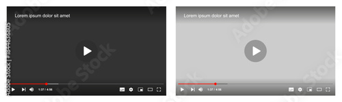 Multimedia video player with play button, play video window with navigation icons, video streaming frame on internet, modern social media video player interface template in light and dark mode