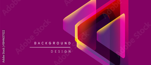 Abstract geometric shapes overlap, creating vibrant gradients. Purple background enhances visual depth, modern design aesthetic.