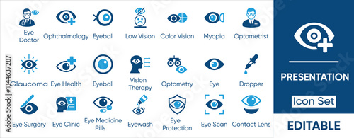 Ophthalmology Solid Icon Set. Icons Related to Medical Eye Care, Optometry, Vision Correction and More. Solid Icon Collection. Vector Illustration.