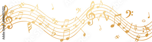 musical staff with golden notes and symbols in flowing artistic composition for music and design themes
