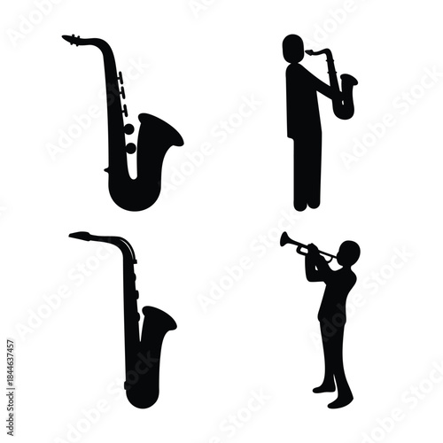 Vector silhouettes of jazz musicians and brass instruments set.