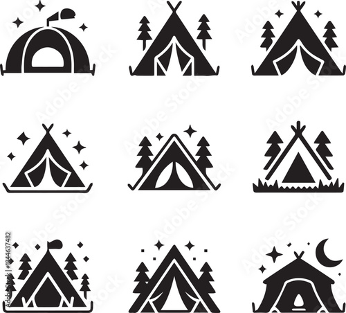 Tent camp vector silhouette black icon. Isolated tent outdoor military holiday camping vacation icon