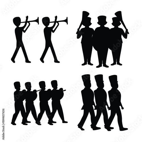Marching band musicians, drummers, and flag bearers set