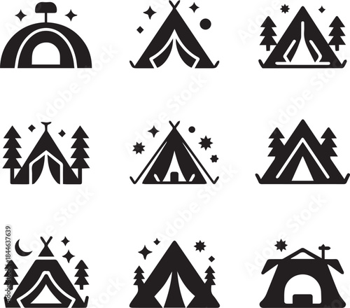 Tent camp vector silhouette black icon. Isolated tent outdoor military holiday camping vacation icon