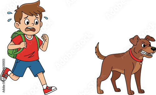  Scared Cartoon Boy with Backpack Running Away from an Angry, Barking Brown Dog, Illustrating Fear, Dog Bite Safety, and Animal Aggression Concepts