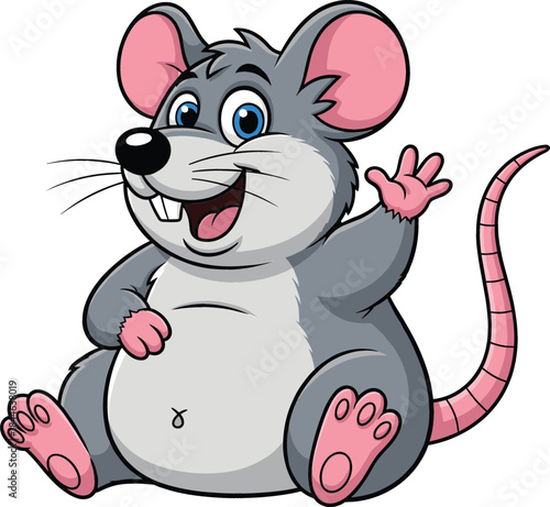  Cute Cartoon Vector Illustration of a Happy Gray Mouse or Rat Sitting and Waving, Representing Rodent Wildlife, Laboratory Animals, or Chinese Zodiac