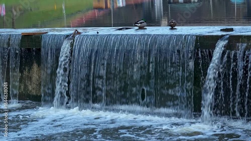 Enjoy calming sight of water cascading over dam, reflecting soft glow of setting sun. Tranquil scene invites relaxation and reflection amidst nature's beauty. 4K, UHD