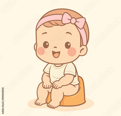 Adorable kawaii-style illustration of a baby girl sitting on a potty. Pastel colors, clean flat design and happy expression. Perfect for potty training, early childhood development, parenting content