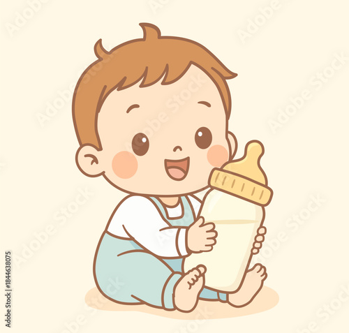 Adorable kawaii-style illustration of a happy baby boy holding a milk bottle. Soft pastel colors, clean flat design and cheerful expression. Perfect for baby feeding concepts, newborn care, parenting