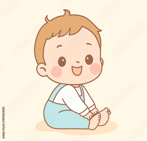Adorable kawaii-style illustration of a baby boy sitting and smiling. Pastel colors, flat design gentle expression. Perfect for baby shower, children s products, educational materials, blogs