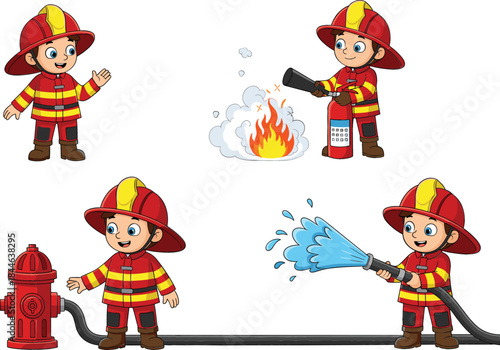  Vector Illustration Set of a Happy Cartoon Firefighter Extinguishing Fire, Operating a Hydrant, and Waving, Representing Emergency Services, Safety, and Heroism..