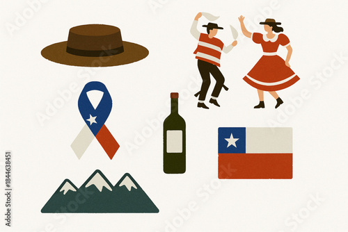 Chilean Culture Icon Set with Huaso Hat, Cueca Dancers and Traditional Symbols