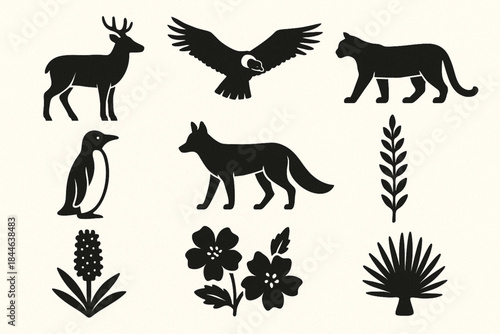 Chilean Wildlife Icon Set Vector Illustration with Native Animals and Flora