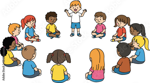  Vector Illustration of Diverse Cartoon Children Sitting in a Circle Listening to a Standing Boy, Representing Education, Group Activity, and Preschool Games