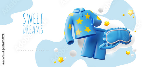 3D children's banner with pajamas, a sleeping mask, stars, and clouds, blue.