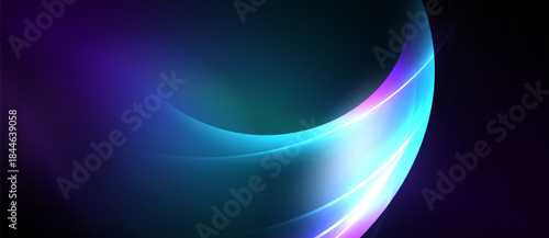 Abstract flowing shapes, vibrant blues, purples, white light. Smooth gradients create dynamic visual effect. Minimalist design.