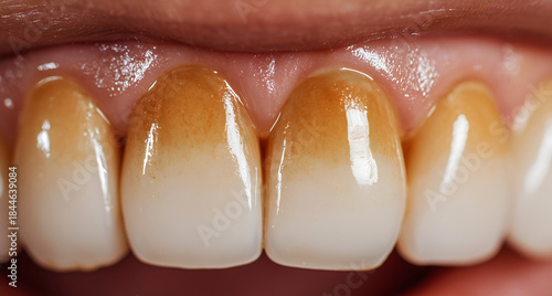 Closeup, discolored stained human teeth showing yellow brown discoloration, enamel degradation, dental health oral hygiene problems, tooth decay gum disease.