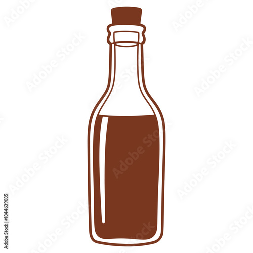 Brown glass bottle with cork stopper containing dark liquid isolated on white background