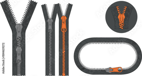 Detailed Vector Illustration Set of Zippers and Fasteners in Dark Gray and Bright Orange, Representing Sewing, Garment Closures, and Textile Industry Elements..