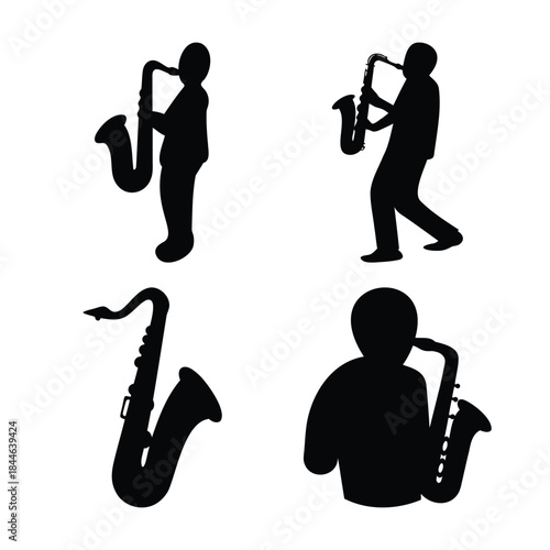 Saxophone players and instrument silhouettes for music design