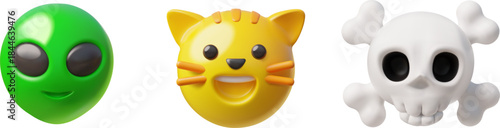 Green alien head with big eyes, human skull with bones and cat muzzle realistic 3D plastic style emoji vector icons set