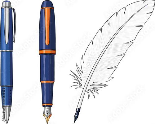  Detailed Vector Collection Featuring a Modern Rollerball Pen, a Vintage Fountain Pen, and a Classic Feather Quill for Writing and Education Concepts