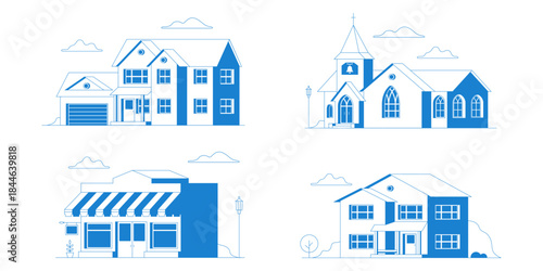 Set of house, church, store building flat icon. For web design and application interface, also useful for infographics. Family house, church, store building icon isolated on white background