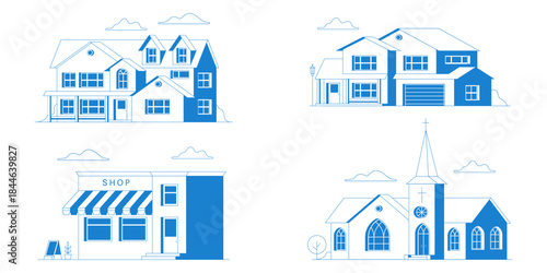 Set of house, church, store building flat icon. For web design and application interface, also useful for infographics. Family house, church, store building icon isolated on white background