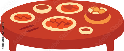 A flat illustration shows a round table set with traditional festive dishes, symbolizing a family reunion meal during Lunar New Year celebrations.
